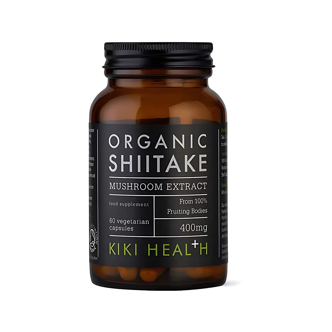 KIKI Health Organic Shiitake Extract Mushroom 60 caps i en brun glasburk med svart etikett.