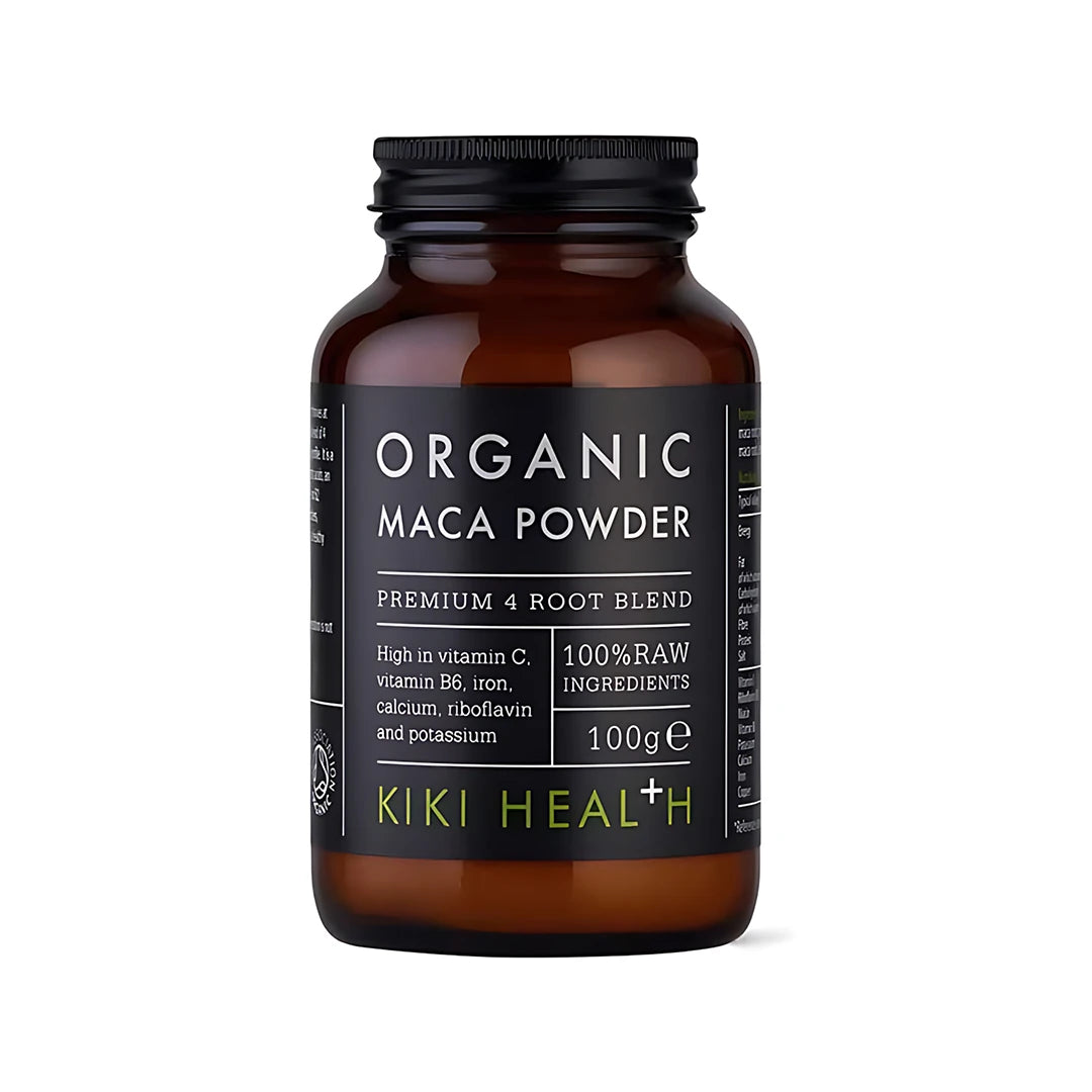 KIKI Health Organic Maca Powder 100 g i en mörkbrun glasburk med svart etikett och lock.