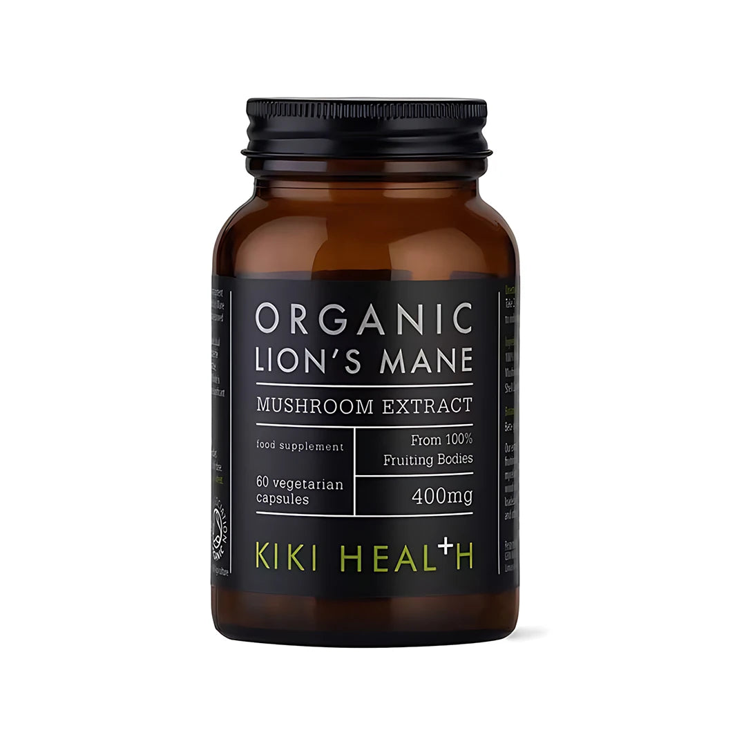 KIKI Health Organic Lions Mane Extract 60 kapslar i en brun glasburk med svart etikett och lock.