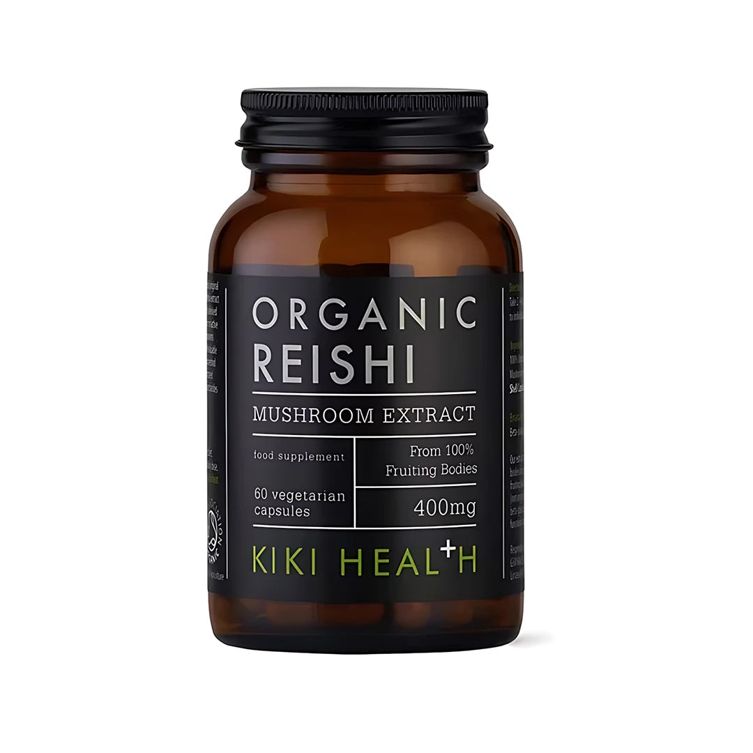 KIKI Health Organic Reishi Extract 60 kapslar svampextrakt i en brun glasburk med svart etikett.