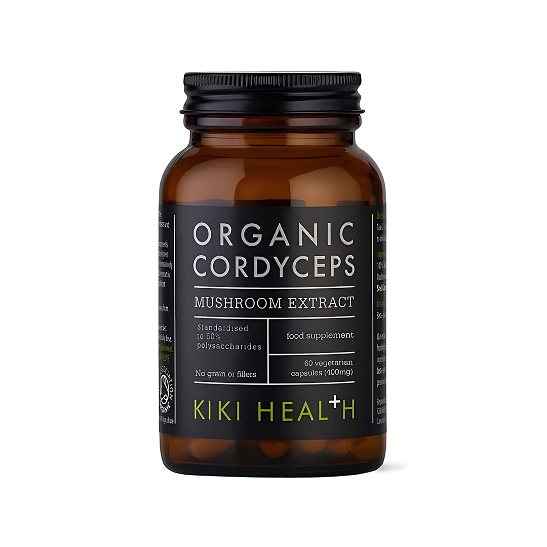 KIKI Health Organic Cordyceps Extract 60 caps i en mörkbrun glasburk med svart etikett och lock., bild 1 av 1