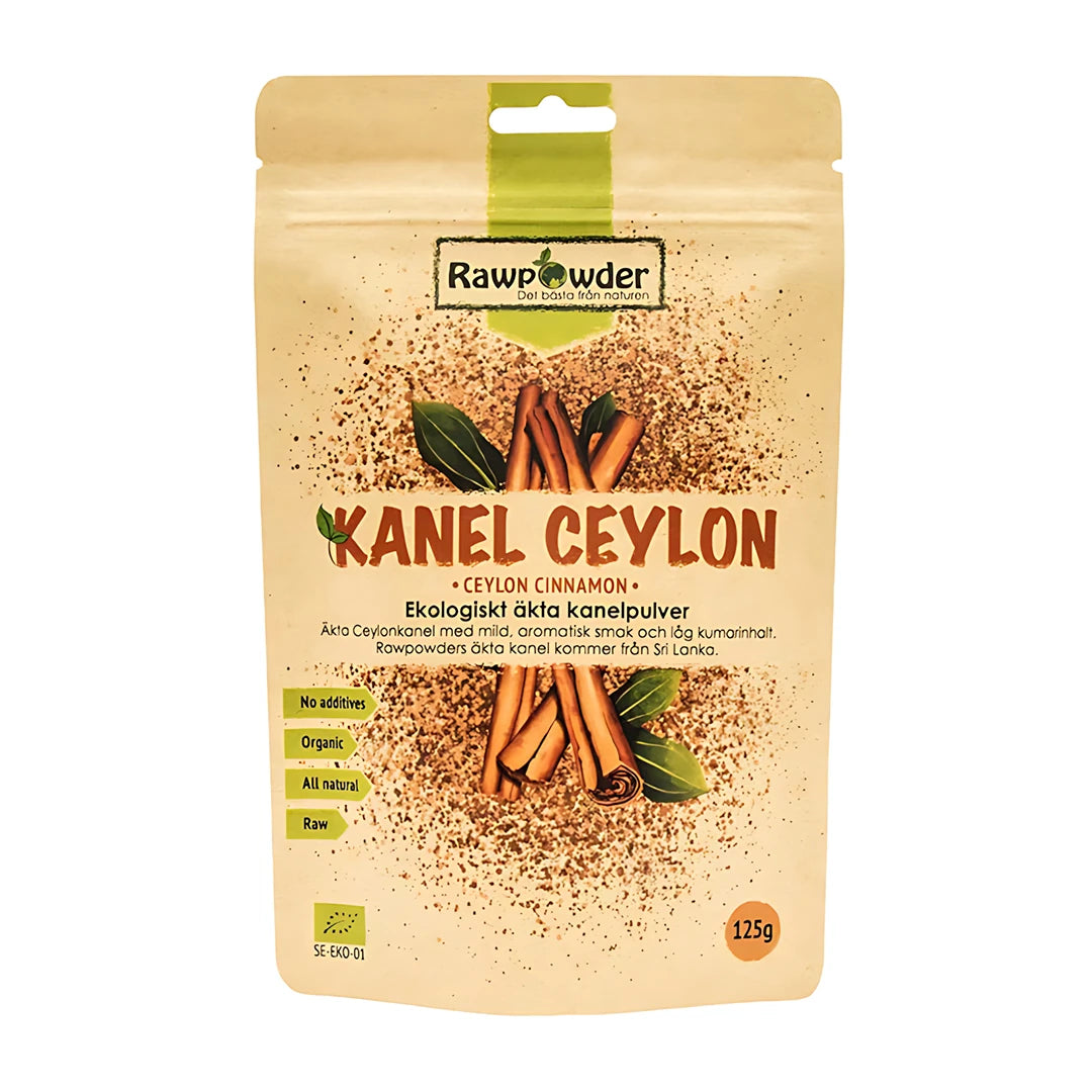 Rawpowder Kanel Ceylon 125 g ekologiskt kanelpulver, förpackat i en beige påse med bilder av kanelstänger och gröna blad., bild 1 av 1