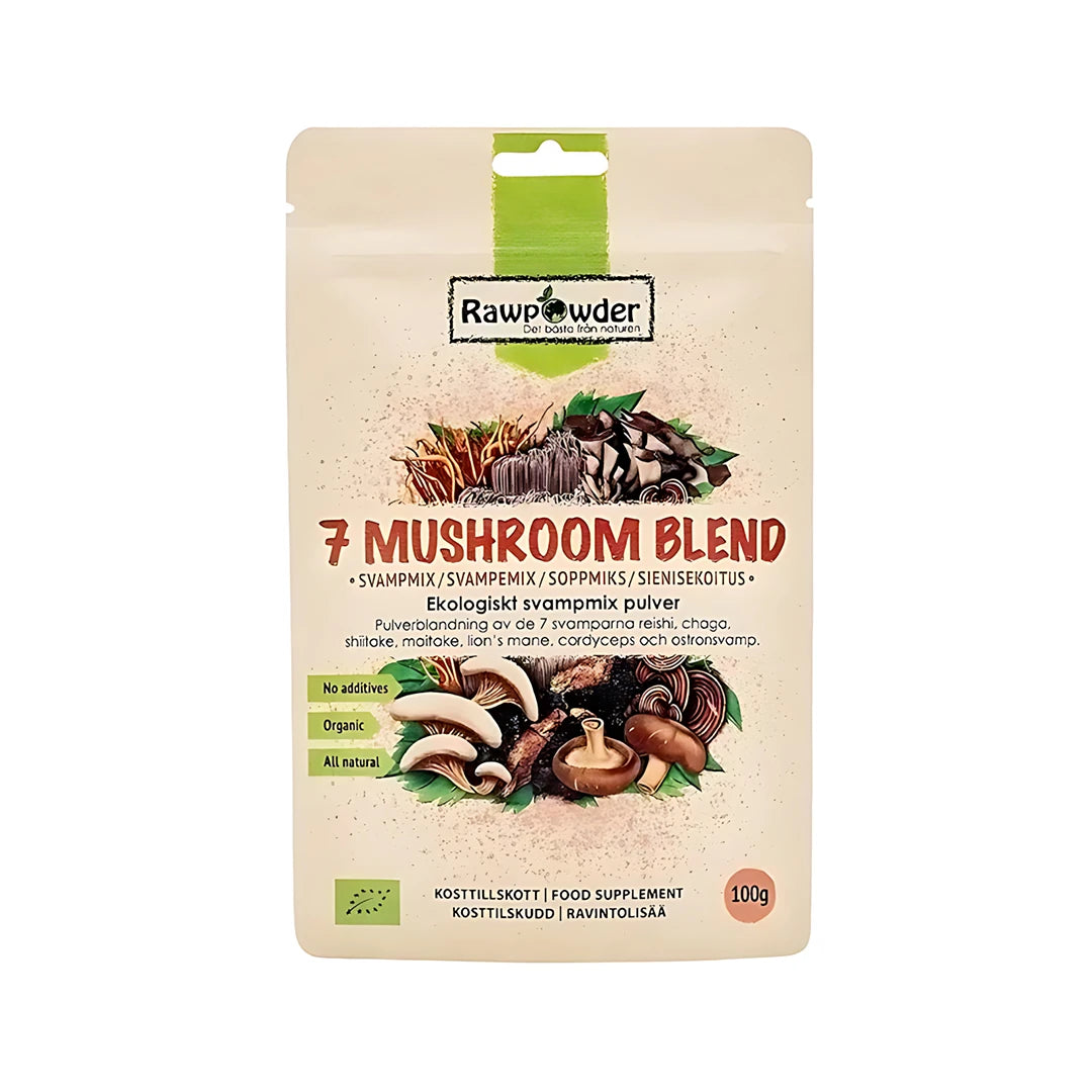 Rawpowder Mushroom Blend 100 g ekologisk svampmix i pulverform, förpackad i en beige påse med svampillustrationer., bild 1 av 1