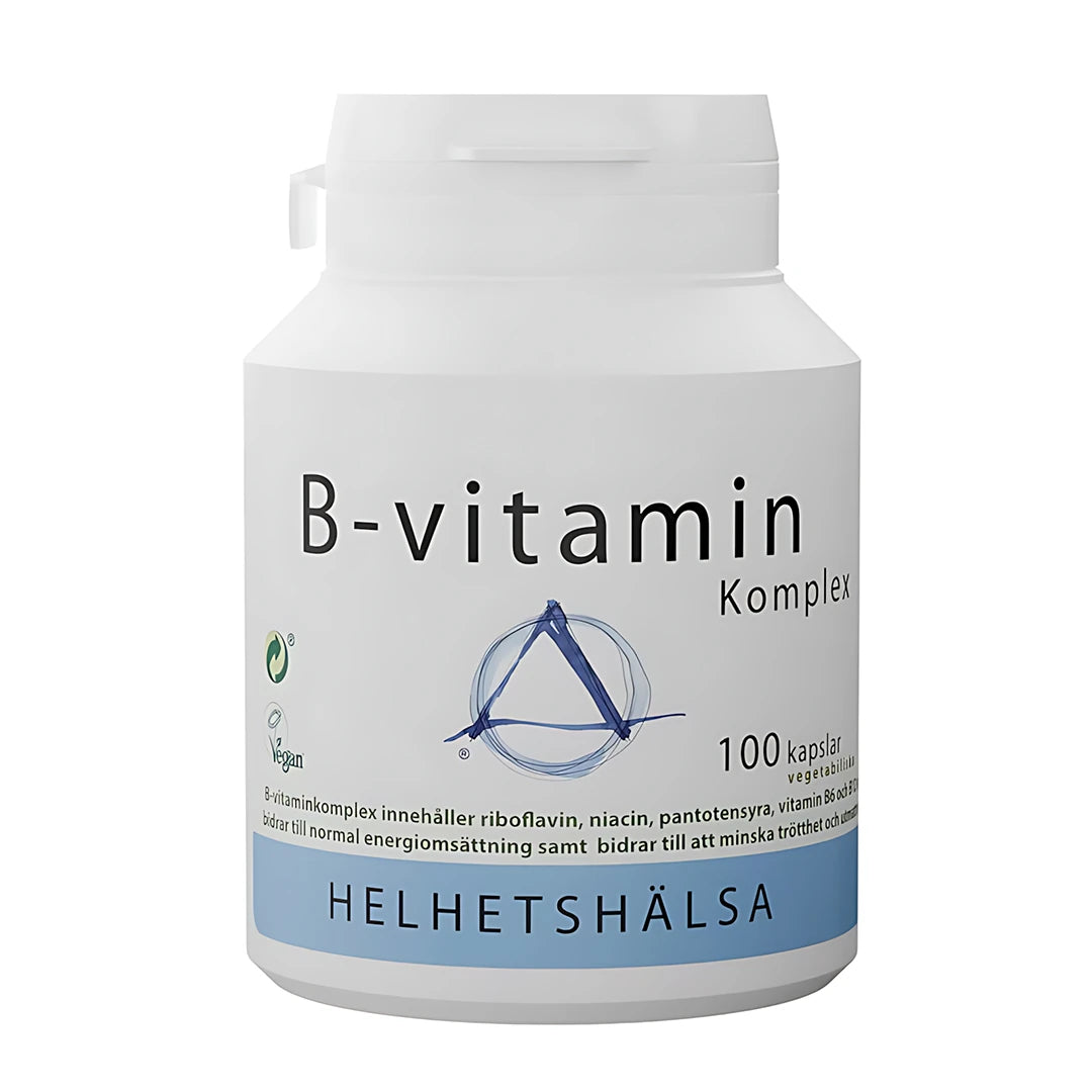 Helhetshälsa B-vitamin komplex 100 caps förpackat i en vit plastburk med blå och svarta detaljer på etiketten., bild 1 av 1