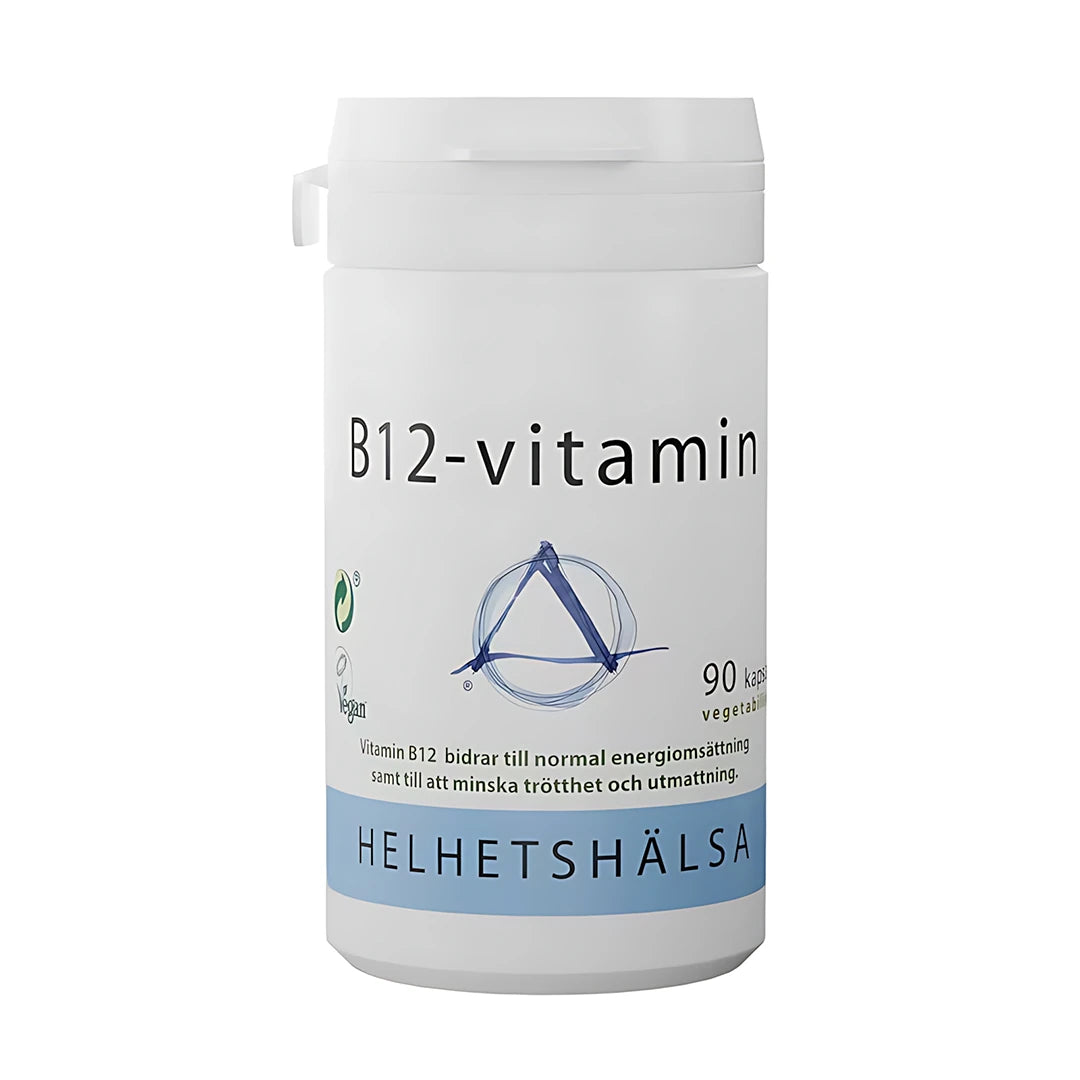 Helhetshälsa B12 Vitamin 90 caps kosttillskott i en vit plastburk med ljusblå detaljer.