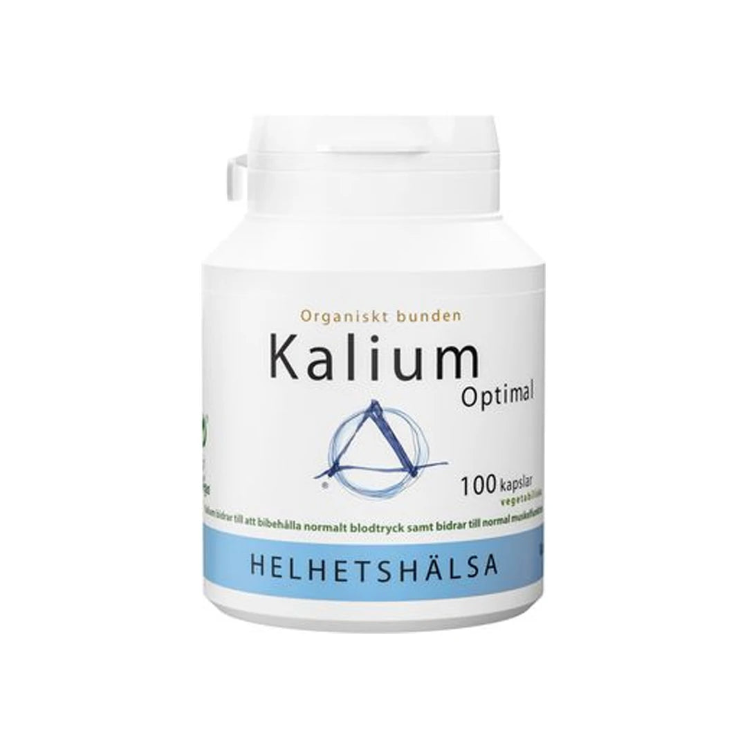 Helhetshälsa Kalium Optimal 100 caps i en vit burk med blå och svarta detaljer, innehållande kaliumcitrat., bild 1 av 1