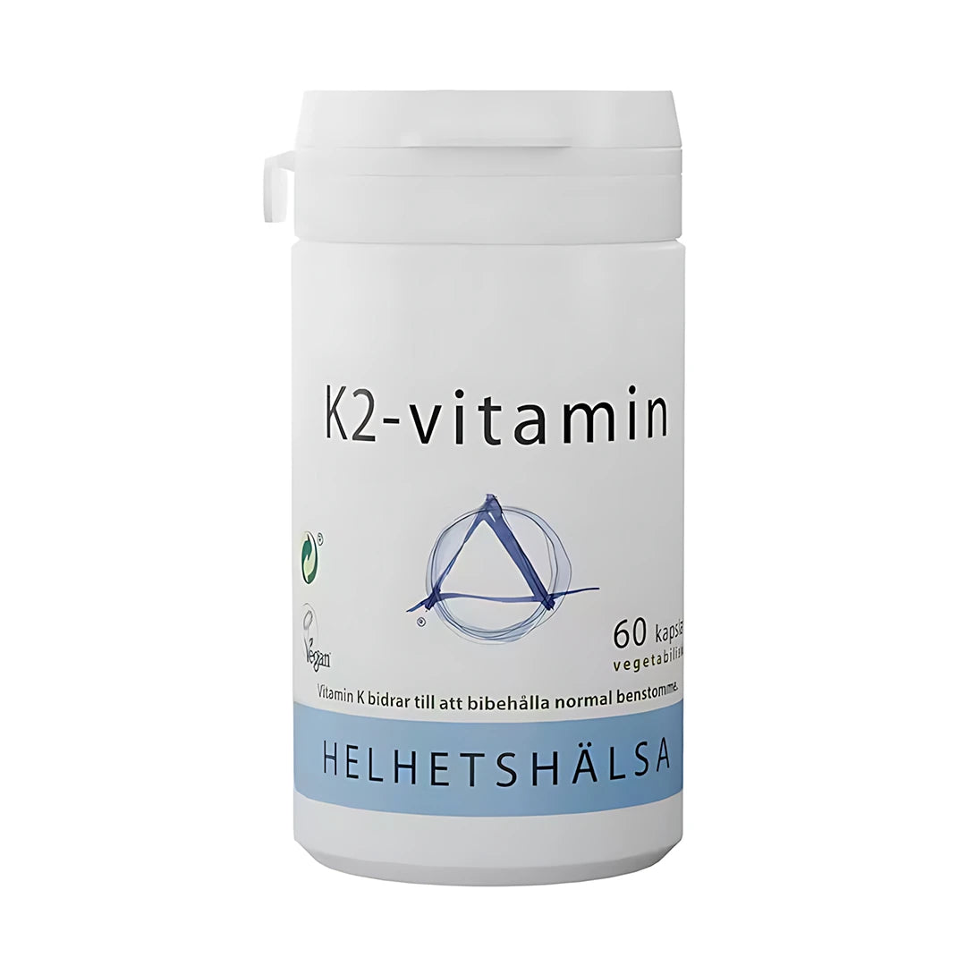 Helhetshälsa K2 Vitamin 60 caps i en vit plastburk med stilrena mörk- och ljusblå detaljer., bild 1 av 1