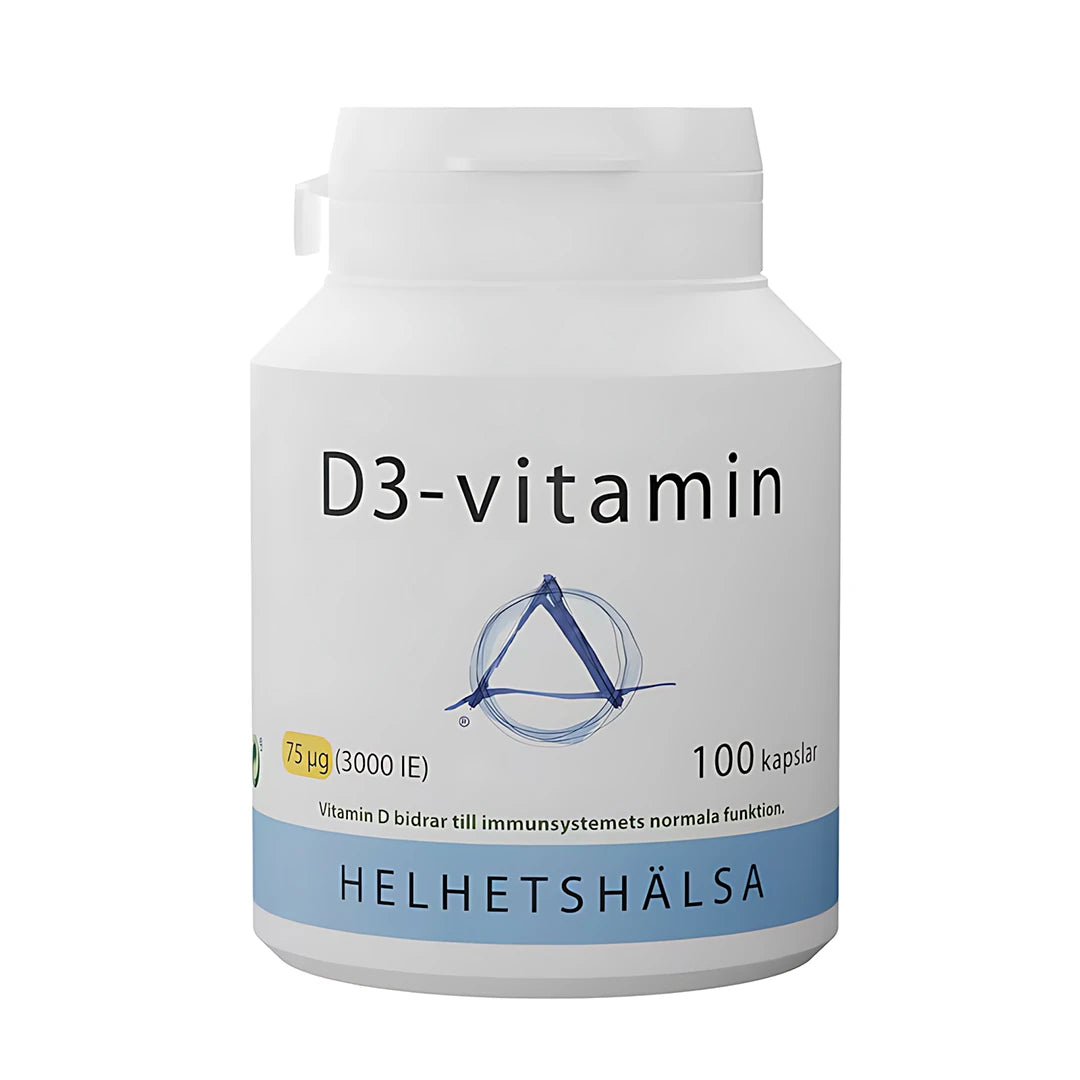 Helhetshälsa D3-Vitamin 75 µg 100 caps i en vit burk med blå detaljer., bild 1 av 1