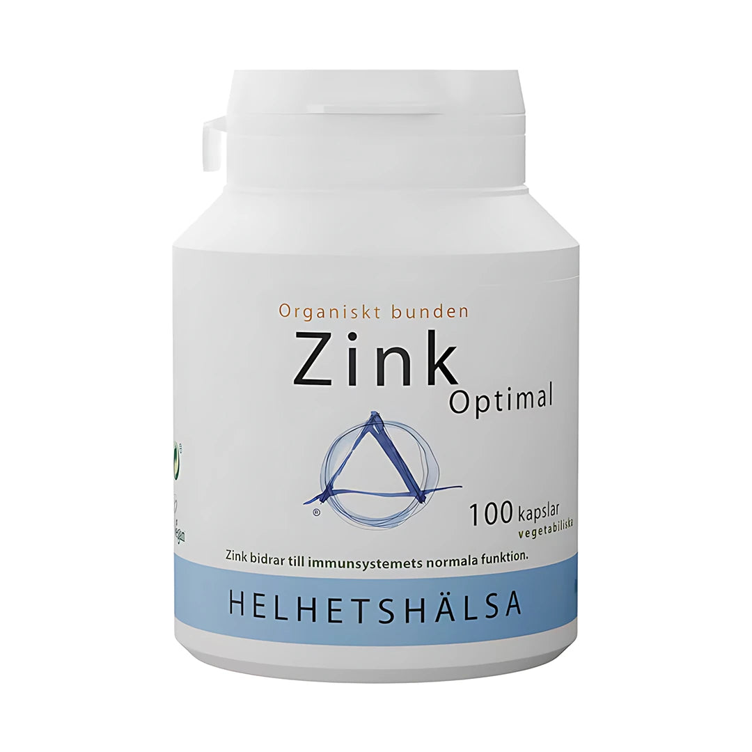 Helhetshälsa Zink Optimal 100 caps i en vit burk med blå och svart text., bild 1 av 1