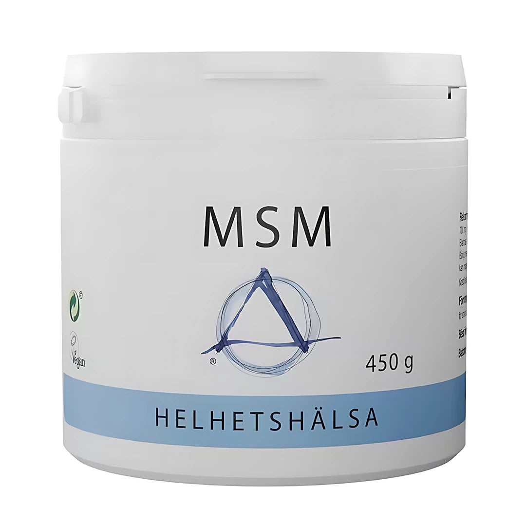 Helhetshälsa MSM pulver 450 g i en vit plastburk med ljusblå detaljer., bild 1 av 1