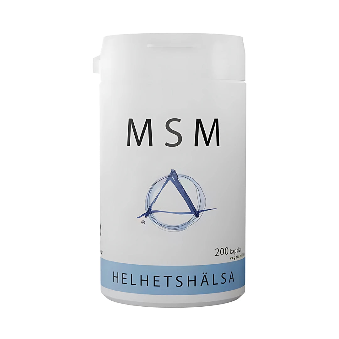 Helhetshälsa MSM 520 mg 200 caps kosttillskott i en stilren vit burk med blå detaljer., bild 1 av 1