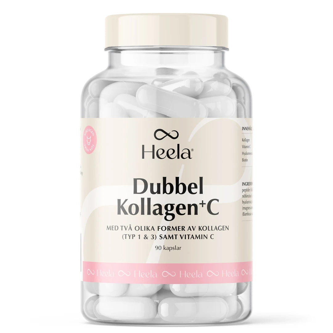 Heela Dubbel Kollagen + C 90 caps i en genomskinlig burk med vit och beige etikett, fylld med vita kapslar., bild 1 av 1