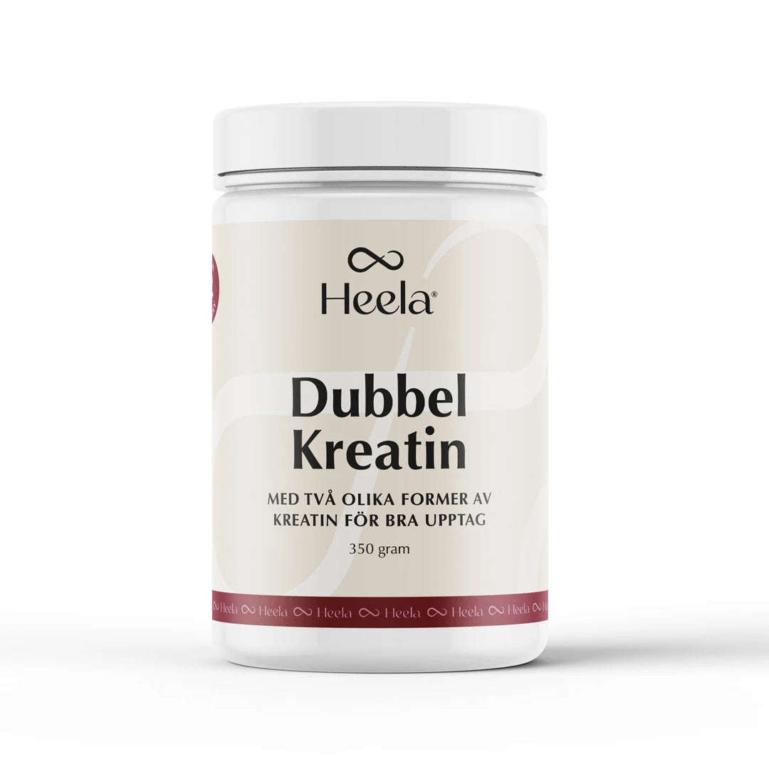 Heela Dubbel Kreatin 350 g kreatin i pulverform, förpackad i en vit burk med ljusbeige etikett., bild 1 av 1