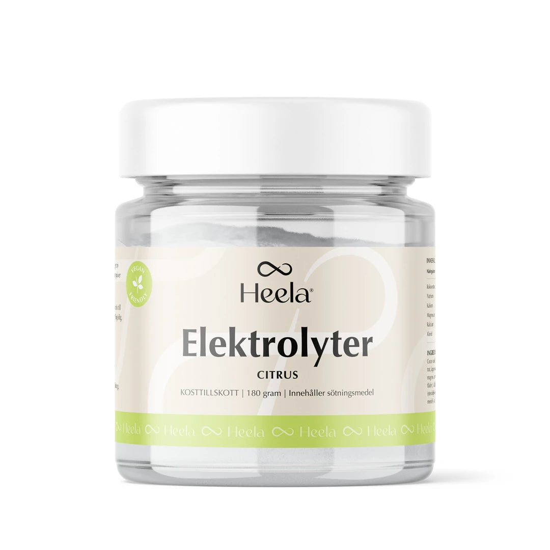Heela Elektrolyter 180 g elektrolytpulver med citrussmak i en transparent burk med vitt lock och ljusgrön etikett., bild 1 av 1