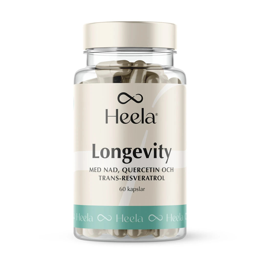 Heela Longevity 60 caps kosttillskott i en transparent plastburk med beige etikett och turkosa detaljer., bild 1 av 1