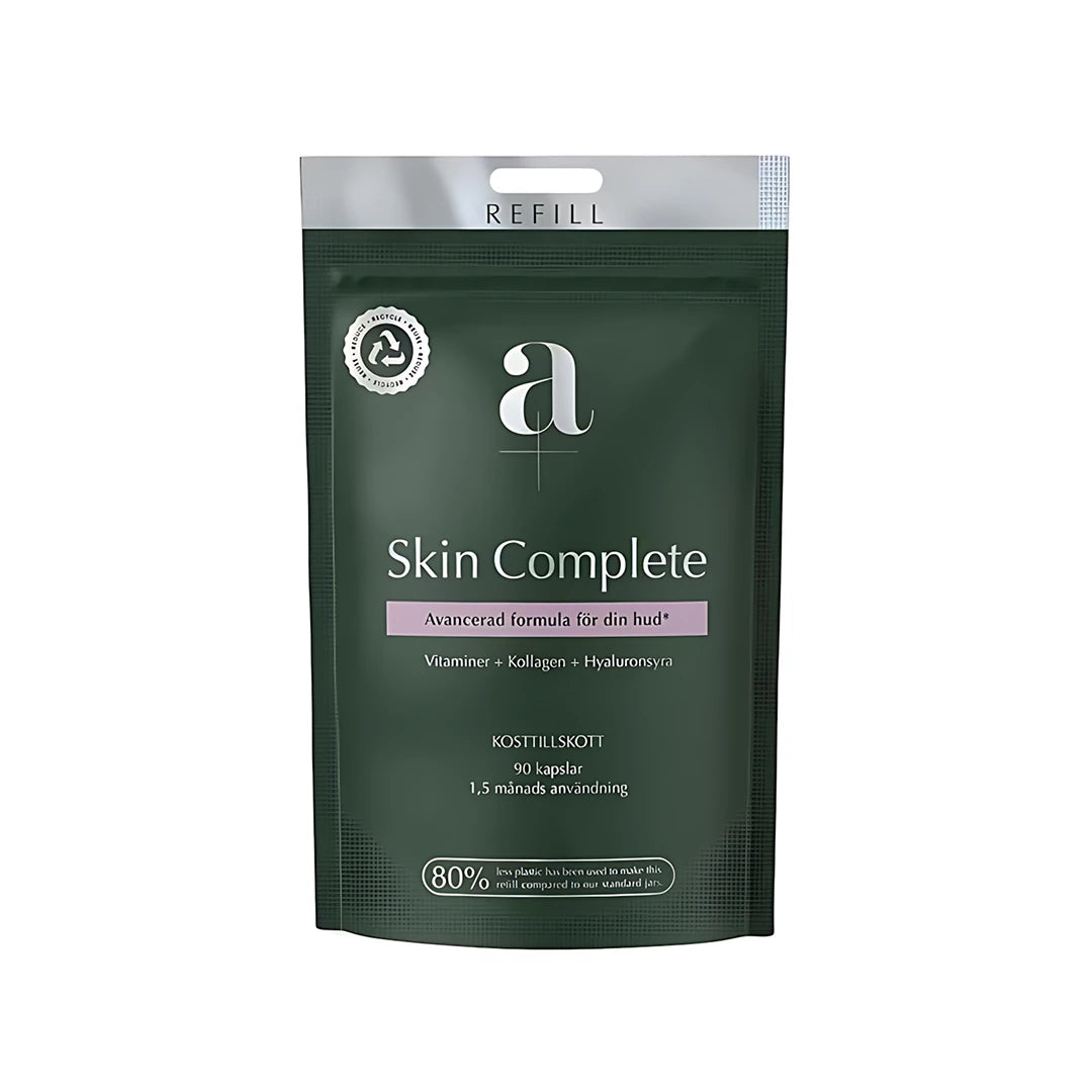 A+ Skin Complete 90 caps Refill, kosttillskott med kollagen i en mörkgrön refillpåse., bild 1 av 1