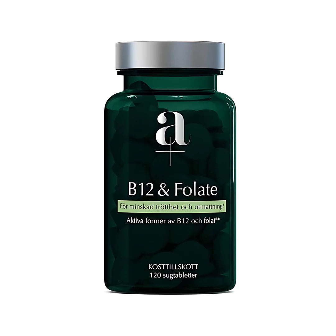 A+ B12 &amp; Folate 120 sugtabletter i en mörkgrön burk med silverlock, ett kosttillskott för minskad trötthet., bild 1 av 1