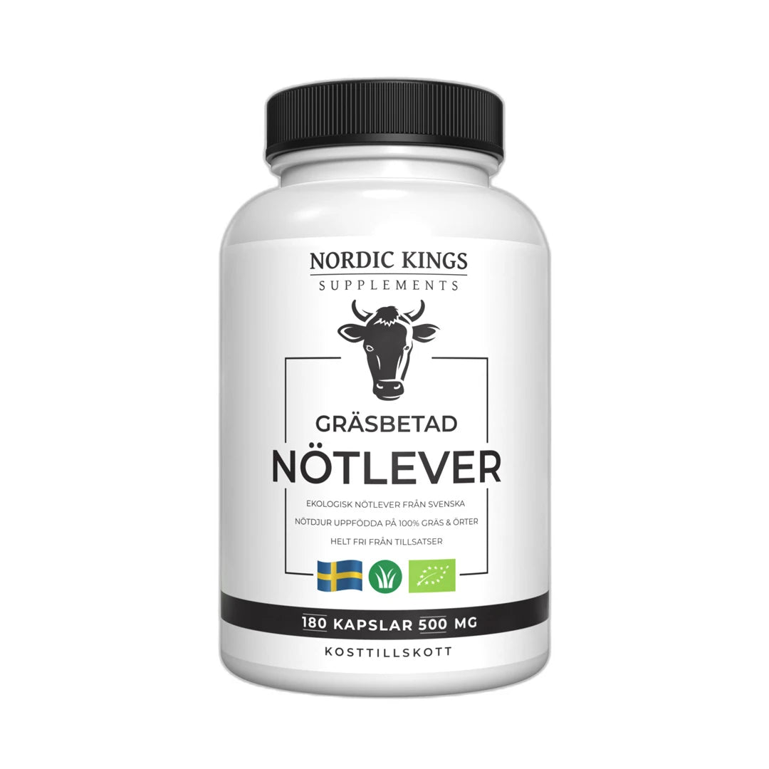 Nordic Kings Gräsbetad Nötlever EKO 180 caps förpackad i en vit burk med svart lock och etikett med ko-motiv., bild 1 av 1