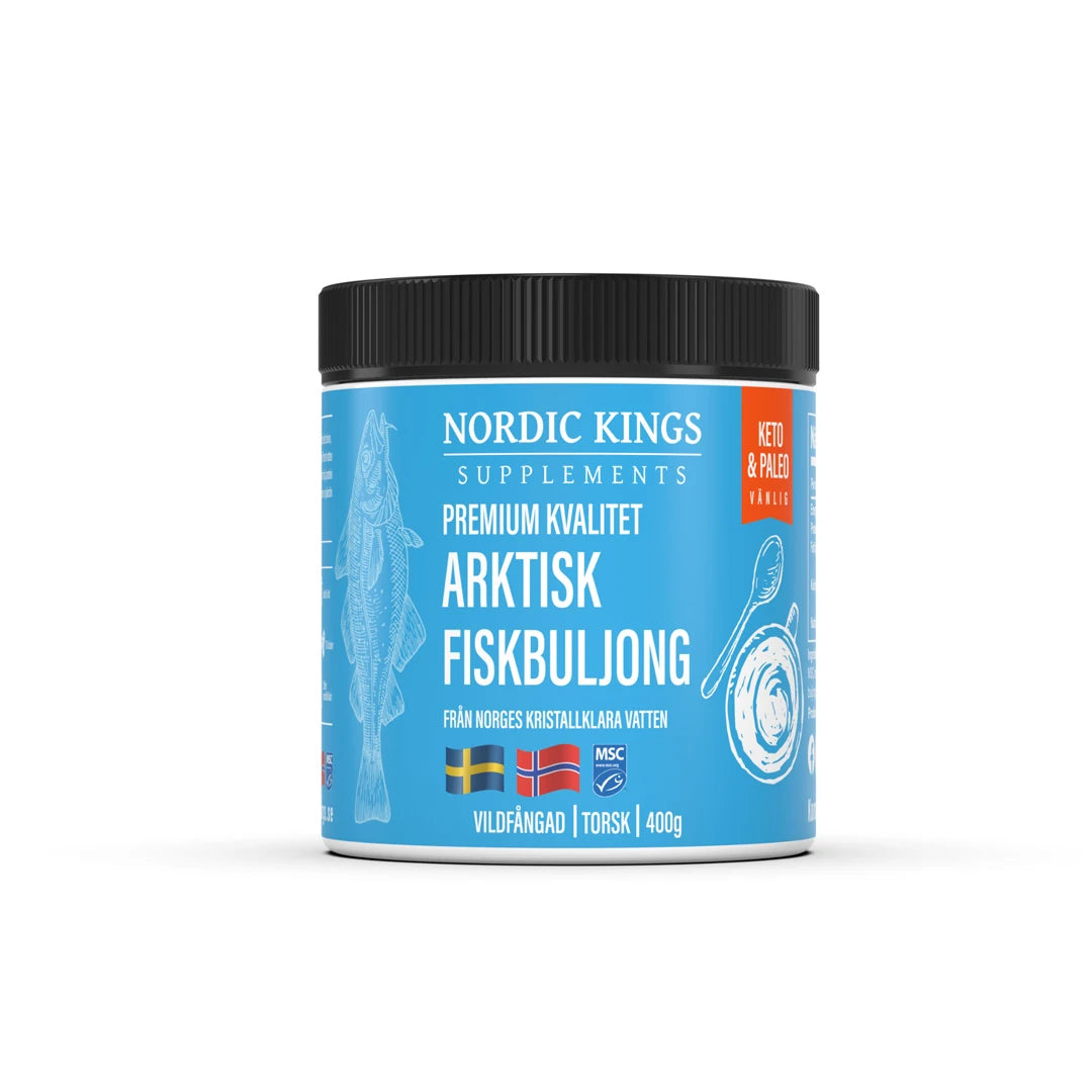 Nordic Kings Arktisk Fiskbuljong Premium MSC 400 g förpackad i en burk med svart lock och blå etikett., bild 1 av 1