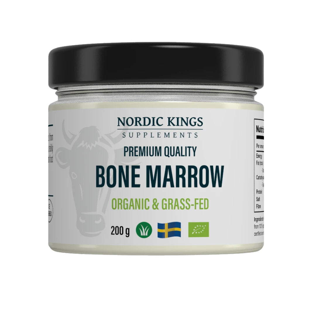 Nordic Kings Premium Bone Marrow EKO 200 g i en glasburk med svart lock och vit etikett., bild 1 av 1