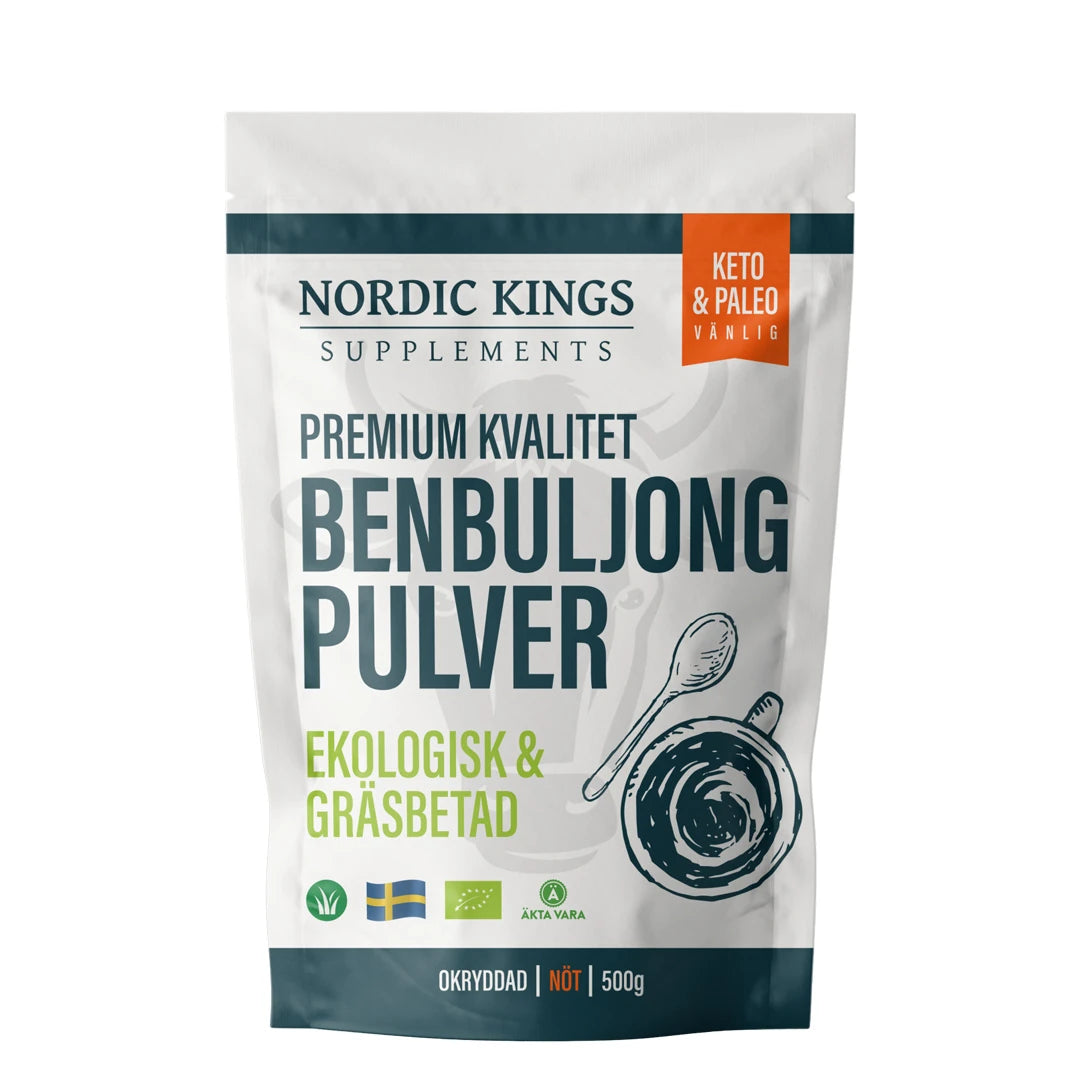 Nordic Kings Premium Benbuljongpulver EKO 500 g förpackad i en vit påse med mörkblå och orange detaljer., bild 1 av 1