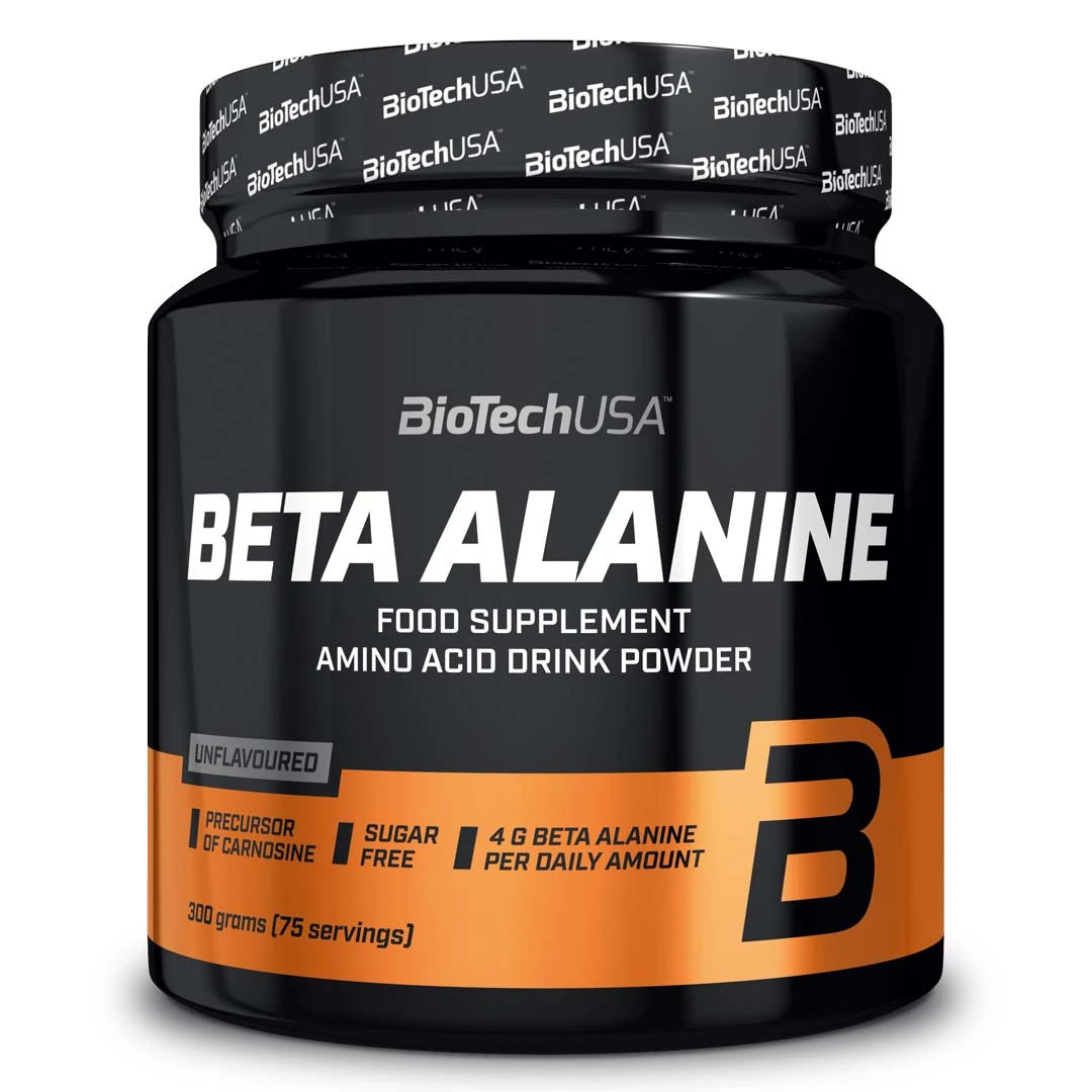 Svart burk med BioTechUSA Beta Alanine 300 g aminosyror i pulverform, vita och orangea detaljer samt logotyp på locket., bild 1 av 1
