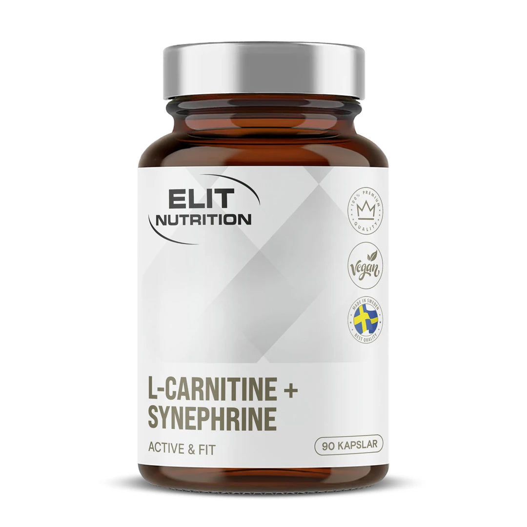 Elit Nutrition Thermo L-carnitine + Synephrine kosttillskott i en mörkbrun burk med silvrigt lock och vit etikett., bild 1 av 1
