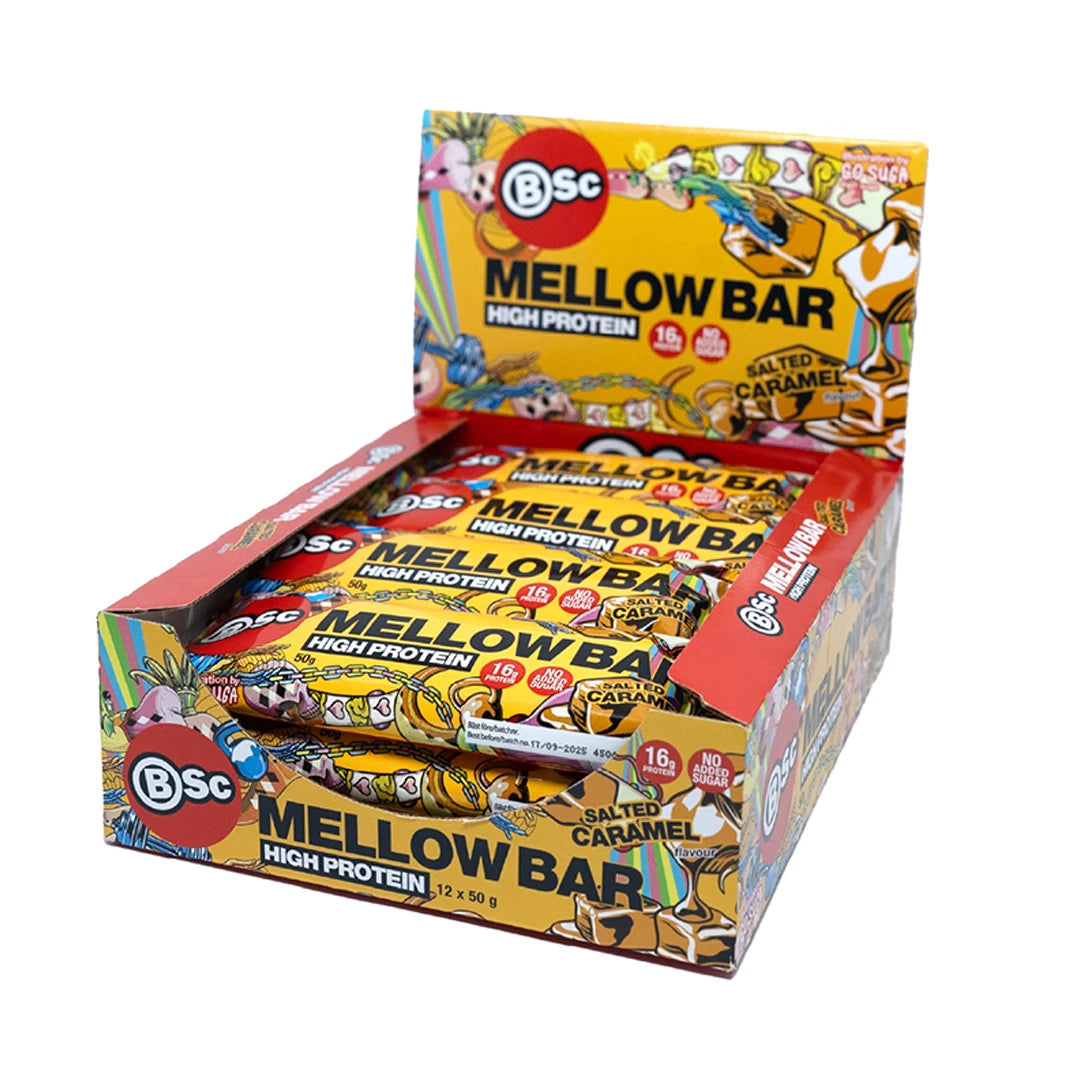 12 x BSc Mellow Bar 50 g Salted Caramel i en färgglad kartong för visning i butik., bild 1 av 1