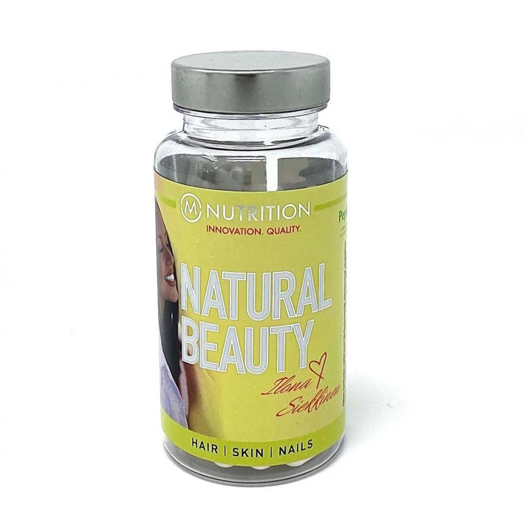 M-nutrition X Ilona Siekkinen Natural Beauty 60 caps i en genomskinlig burk med en ljusgrön och gul etikett., bild 1 av 1