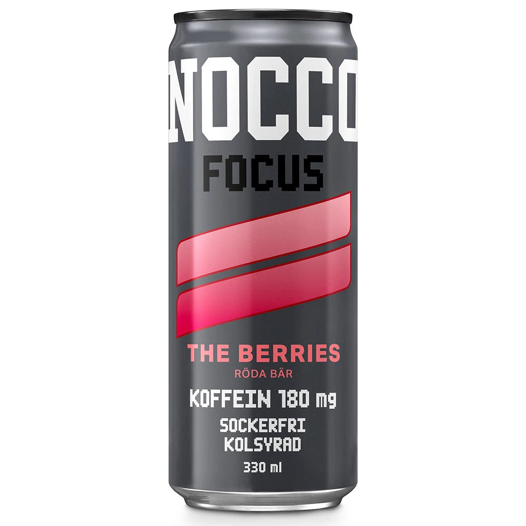 NOCCO FOCUS 330 ml energidryck i en mörkgrå aluminiumburk med rosa detaljer för smaken The Berries., bild 8 av 9