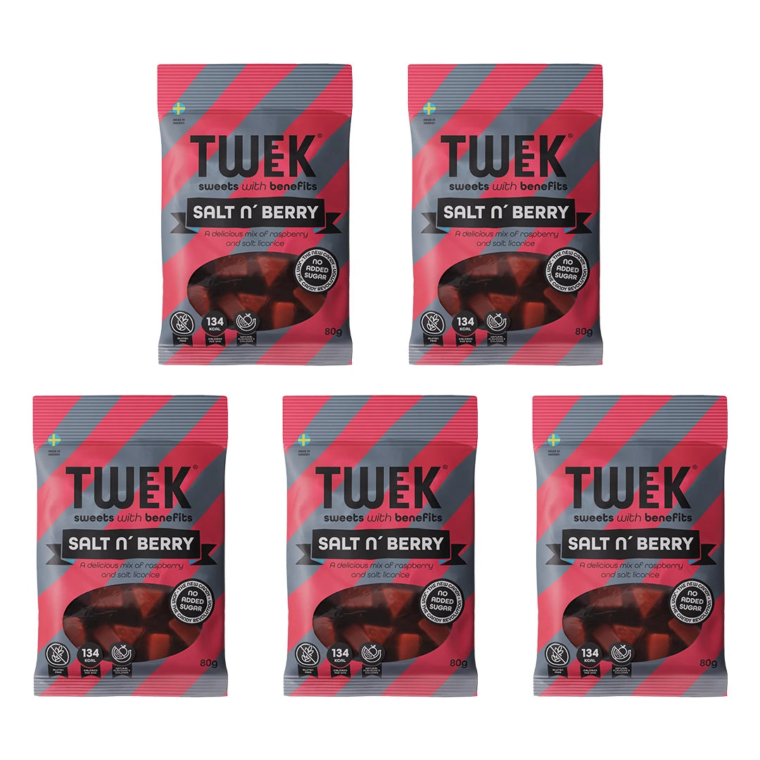 5 x Tweek Sweets 80 g Salt n' Berry i fem grå och rosa godispåsar med svarta detaljer., bild 1 av 1