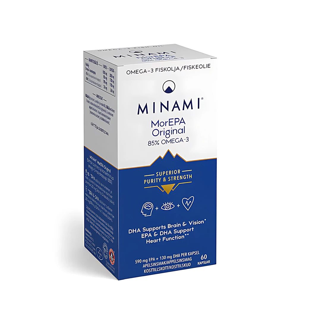 Minami MorEPA Original 85% 60 caps omega-3-tillskott i en vit och blå kartong., bild 1 av 1