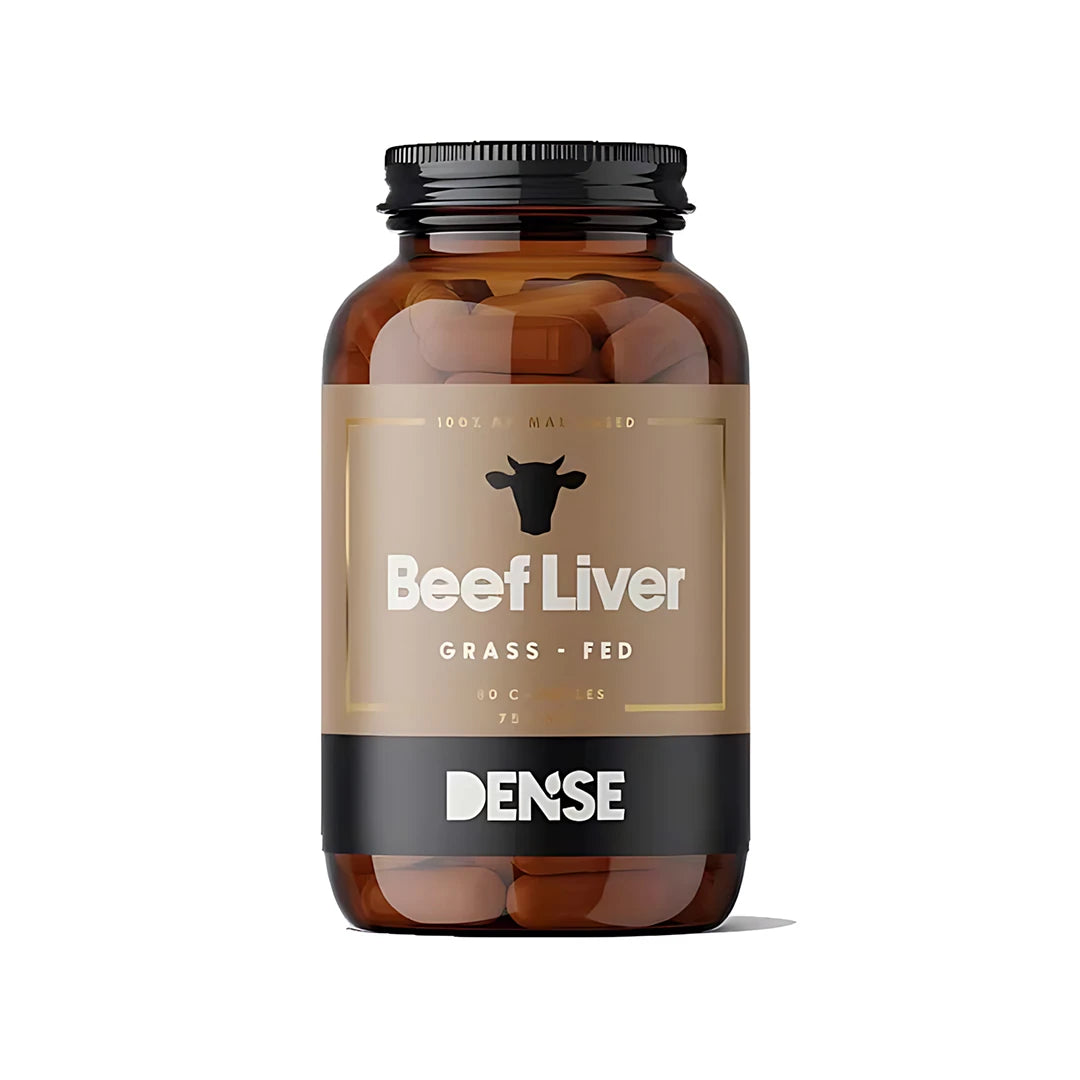 Dense Beef Liver 180 caps nötleverkapslar i en brun burk med svart lock och ljusbrun etikett med en kosiluett., bild 1 av 1