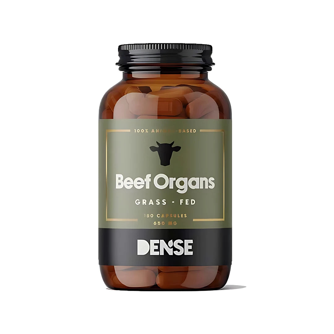 Dense Beef Organs 180 caps multivitaminkapslar förpackade i en mörkbrun burk med grön och svart etikett., bild 1 av 1