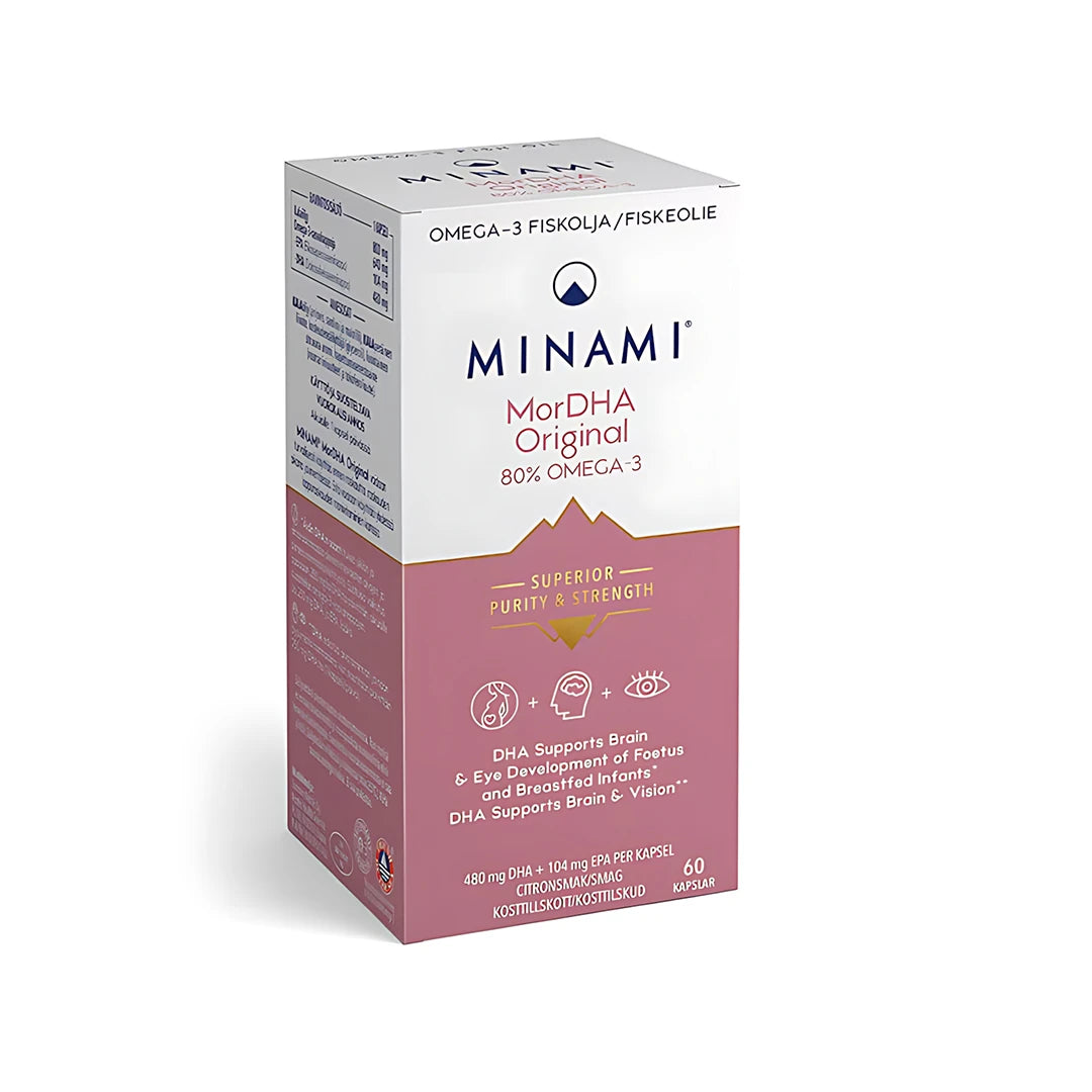 Minami MorEPA Original 80% 60 caps, ett omega-3-tillskott förpackat i en vit och lilarosa kartong med text om hjärnans och synens utveckling., bild 1 av 1