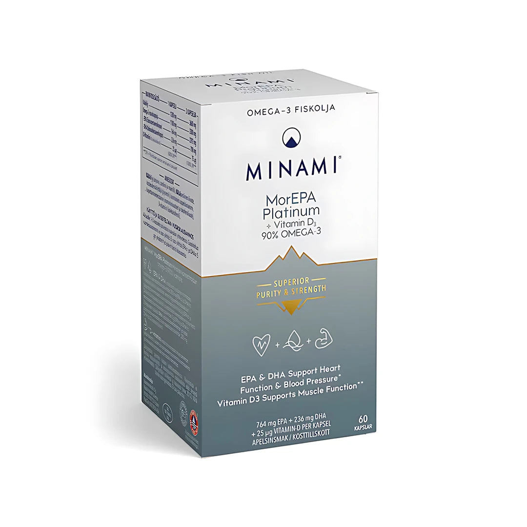 Minami MorEPA Platinum 90% 60 caps omega-3 fiskolja, förpackad i en vit och grå kartong med gulddetaljer., bild 1 av 1