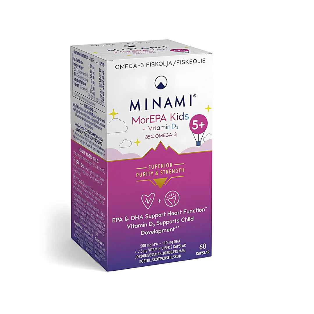 Minami MorEPA Kids 85% 60 caps i en färgstark kartong, ett omega-3 kosttillskott för barn med jordgubbssmak., bild 1 av 1
