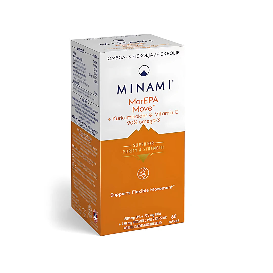 Minami MorEPA Move 90% 60 caps omega-3-kapslar förpackade i en vit och orange pappask., bild 1 av 1