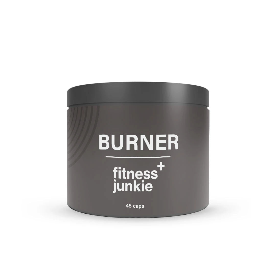 fitnessjunkie Burner 45 caps fettförbrännare i en mörkgrå burk med vit text., bild 1 av 1