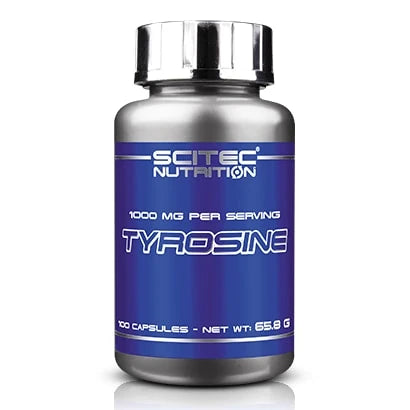 Scitec Nutrition Tyrosine 100 caps kosttillskott i en silverfärgad burk med blå etikett och blankt lock., bild 1 av 1