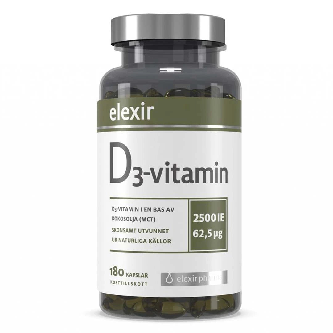Elexir Pharma D3 Vitamin 2500IE 180 caps kosttillskott i en mörk burk med silverlock och vit etikett., bild 1 av 1