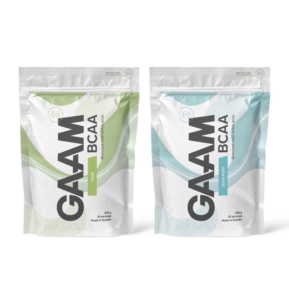 2 x GAAM BCAA 300 g i två vita påsar med gröna och blåa detaljer för smakerna Pear och Sour Pops., bild 1 av 1