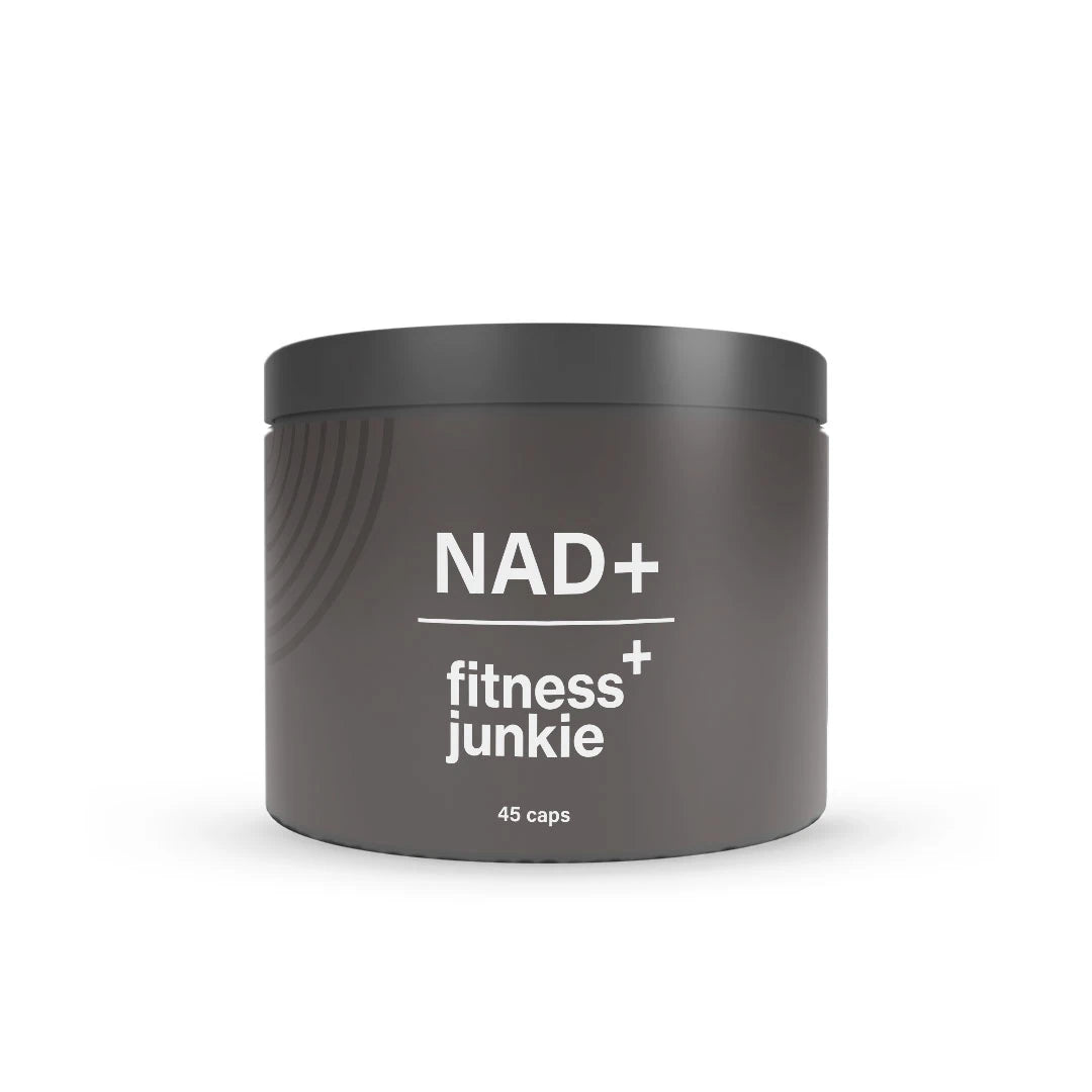 fitnessjunkie NAD+ 45 caps i en stilren mörkgrå burk med svart lock och vit text., bild 1 av 1
