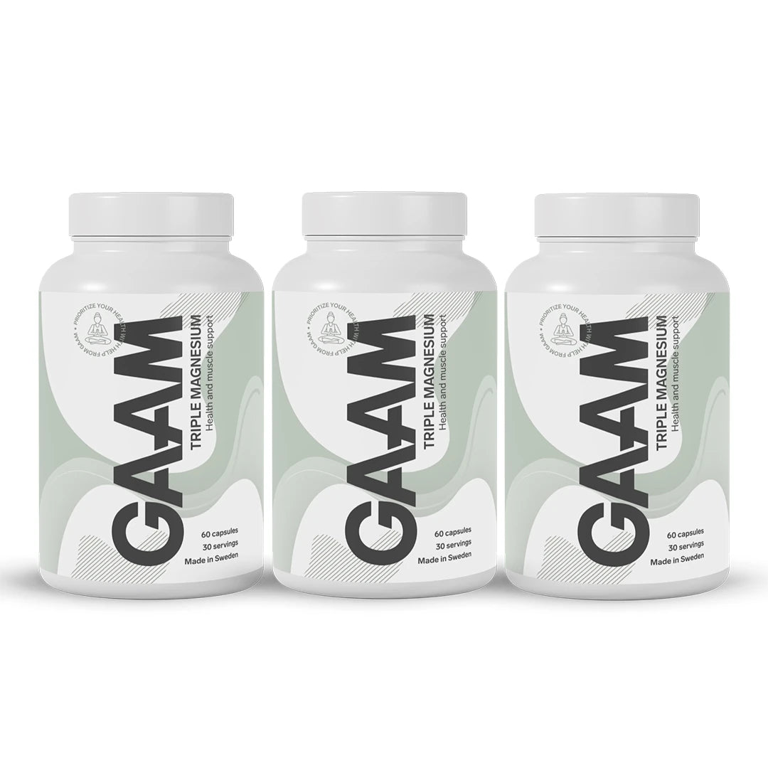 3 x GAAM Triple Magnesium 60 caps i tre vita burkar med grågröna och svarta detaljer för muskelsupport., bild 1 av 1