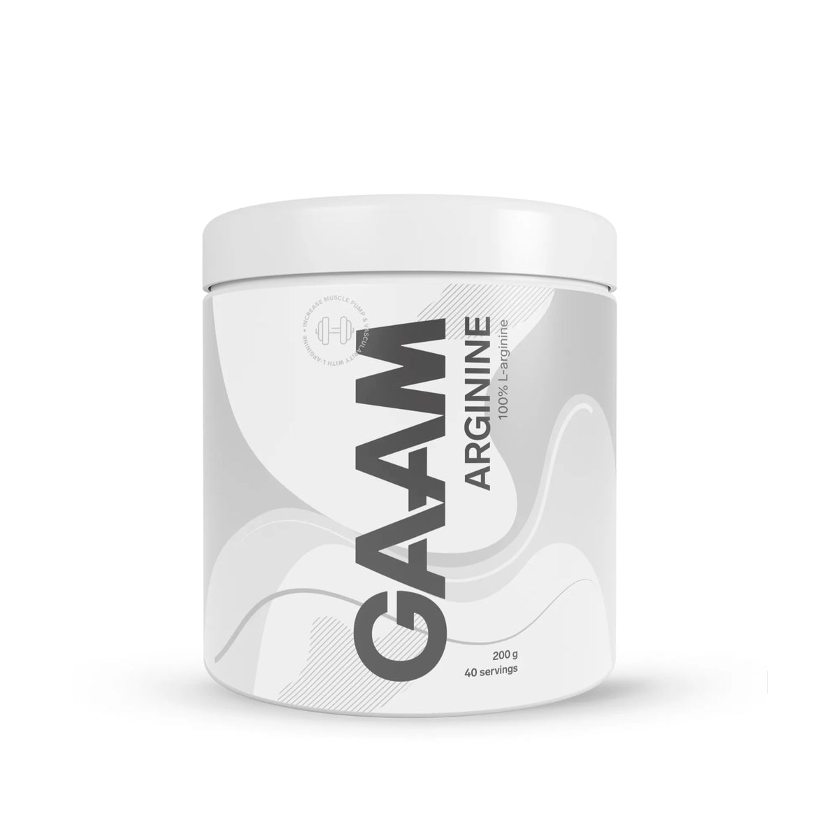 GAAM Arginine 200 g aminosyra i pulverform förpackad i en vit burk med ljusgrå detaljer., bild 1 av 1