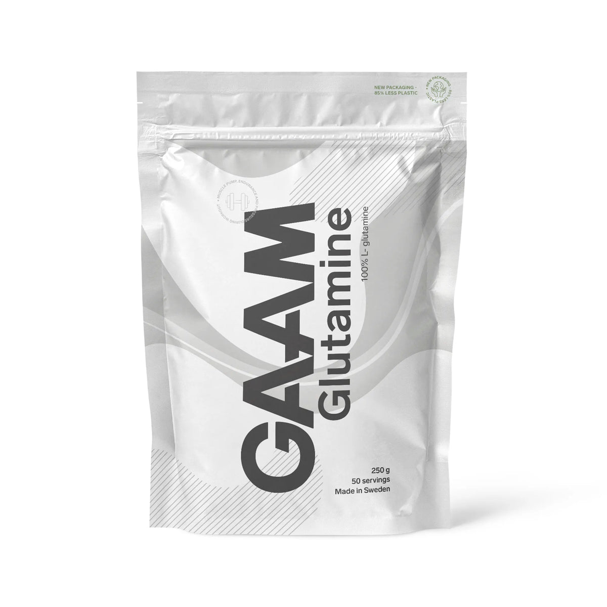 GAAM Glutamine 250 g rent L-glutamin i pulverform, förpackad i en vit påse med grå detaljer.