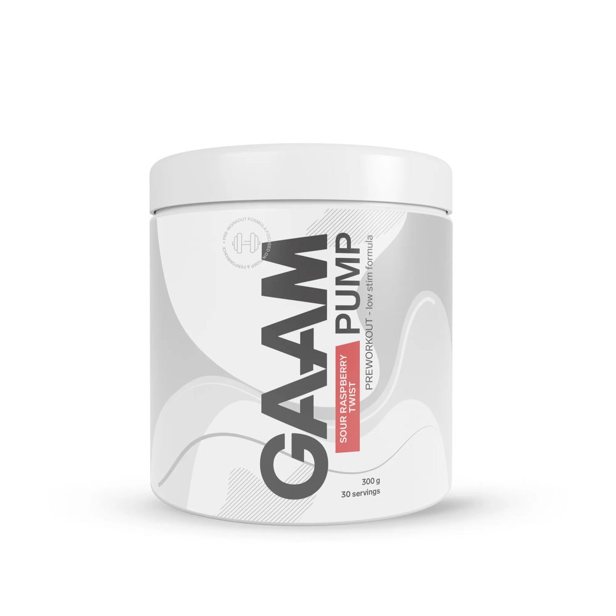 GAAM PUMP 300 g PWO-pulver i en vit burk med grå och rosa detaljer för smaken Sour Raspberry Twist., bild 3 av 3