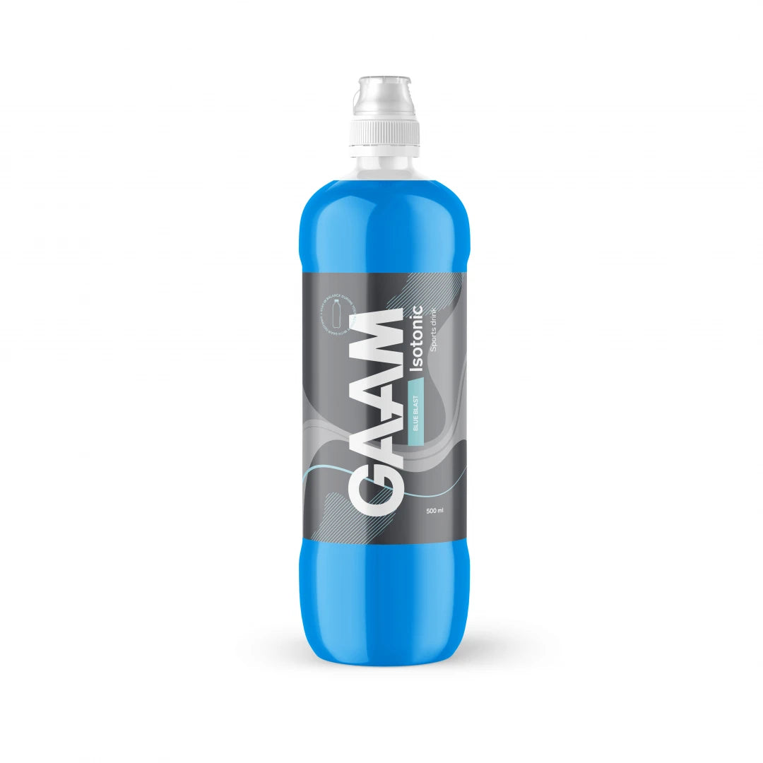 GAAM Isotonic 500 ml sportdryck i en plastflaska med stark blå vätska och grå etikett, smak Blue Blast., bild 1 av 1