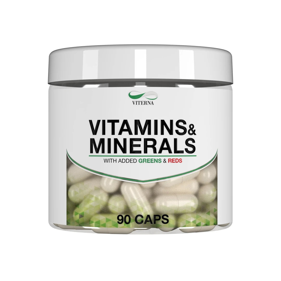 Viterna Vitamins &amp; Minerals 90 caps multivitamin i en vit burk med synliga kapslar och gröna detaljer., bild 1 av 1