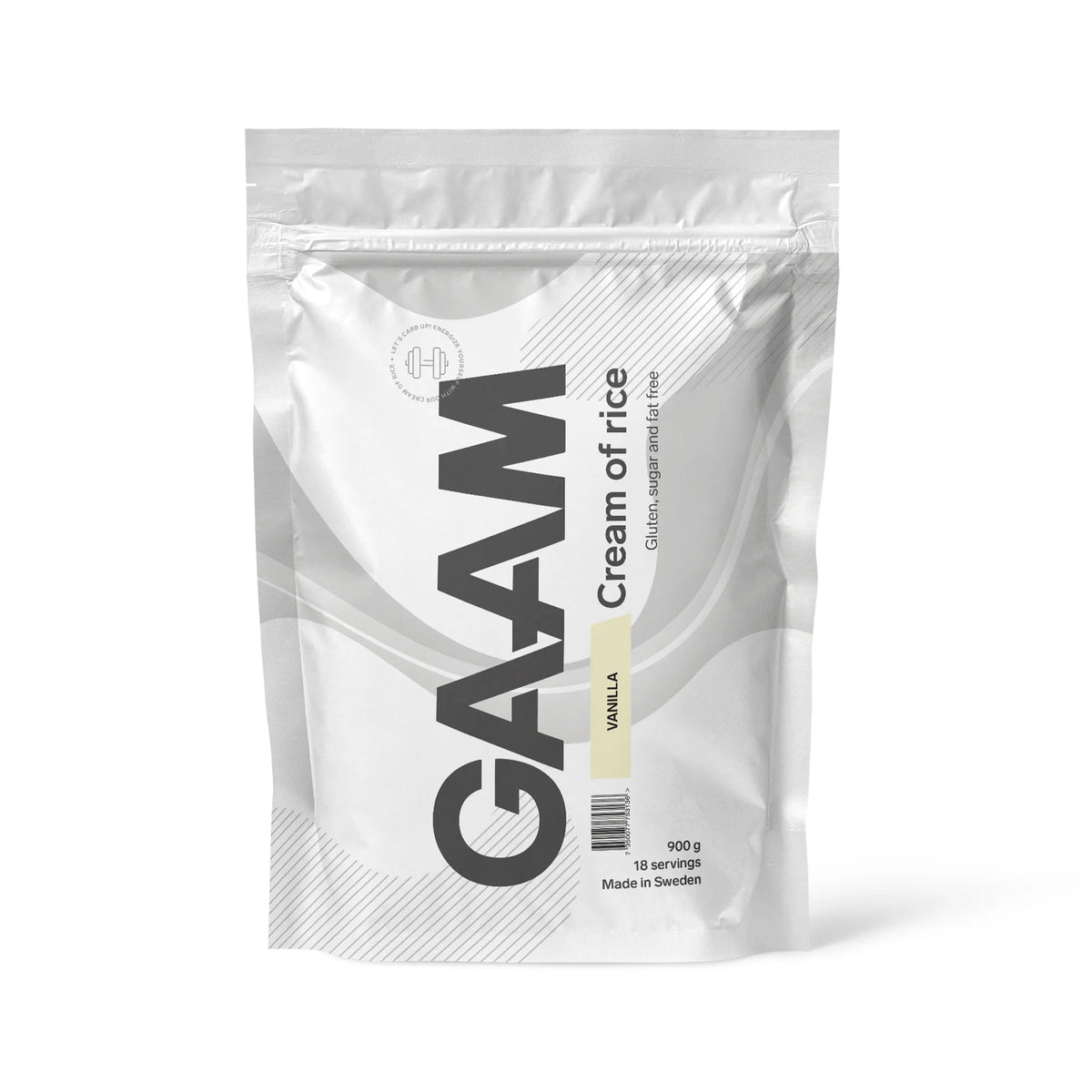 GAAM Cream of Rice 900 g kolhydratspulver i en vit påse med ljusgula detaljer för smaken vanilj., bild 1 av 1